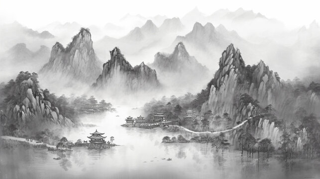 Ink landscape painting in Chinese style and watercolor landscape painting of gentle mountains and river