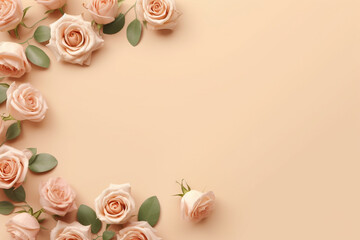 Obraz na płótnie Canvas Top view of beautiful roses arranged on a minimal background, Generative AI