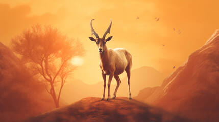 Majestic shot of a goat against a golden sunset backdrop, dramatic light. Eid ul azha design created with generative ai