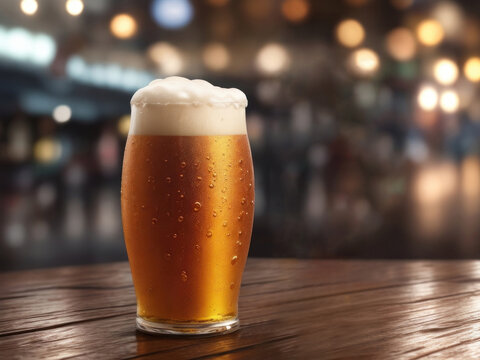 Glass of cold beer on the table in pub. AI generated