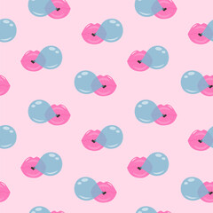 Fototapeta premium Lips blowing bubble gum seamless pattern on pink pastel background. Cute print.