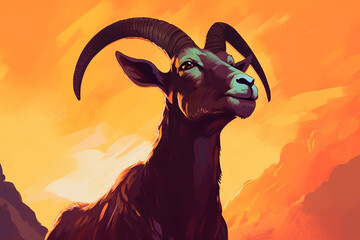 Portrait photo of a goat on a sunset background created with generative ai