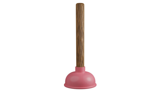 Pink rubber plunger with wooden handle isolated on white and transparent background. Vantus concept. 3D render