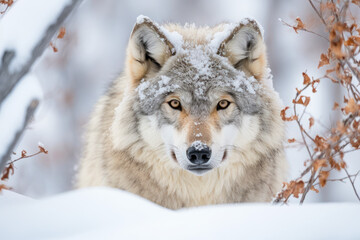 Obraz premium A wolf is standing looking at the camera through some trees in the snow