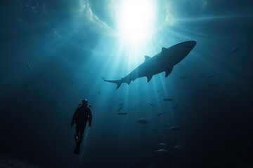 Fototapeta premium a diver swims with a shark in the maldives in the depths of the ocean, AI