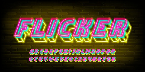 Flicker alphabet font. Neon glow 3d letters and numbers. Brick wall background. Stock vector typeface for your design.