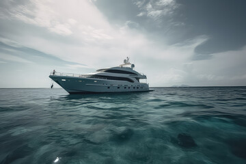 Naklejka premium Concept of travel vacation and vessel trip. luxury yacht sailing on ocean in Maldives, tropical island on background, AI