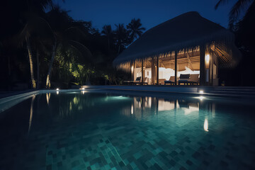 Swimming pool in luxury Maldives Hotel, AI