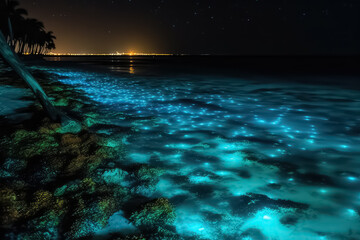 Illumination of plankton at Maldives, bio luminescence, AI - obrazy, fototapety, plakaty