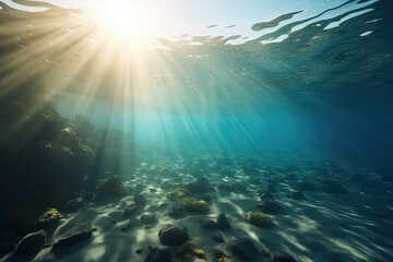 Fototapeta na wymiar underwater scene coral reef, world ocean wildlife landscape Maldives, AI