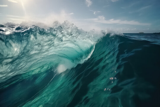 close up big Blue wave at Maldives, AI