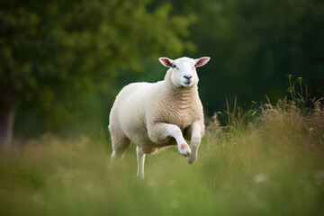 joyful sheep leaping in a green meadow