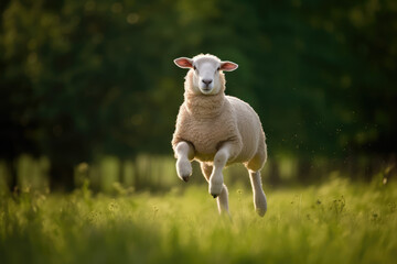 joyful sheep leaping in a green meadow