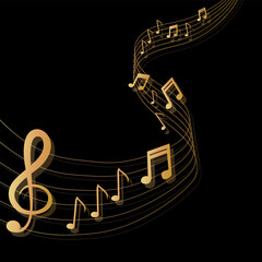 Musical background with clef and notes and 3D effects in gold tone on black background © Lesia