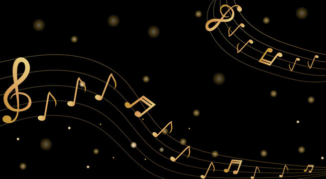 Musical background with clef and notes and 3D effects in gold tone on black background