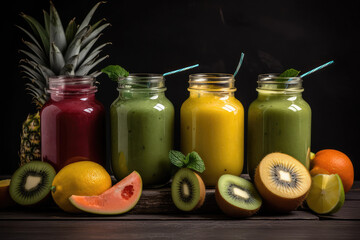 smoothies and juices made from a variety of fresh fruits from the tropics. Clean eating, a healthy diet, and vitamin infused beverages are concepts, generative AI