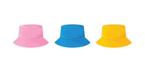 Panama hat. Summer headdress in blue, yellow and pink tones. Beach fashion. Vector illustration isolated on a white background. Protection from the sun.