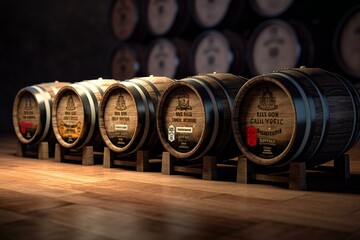 Beer barrels in a row. Generative AI