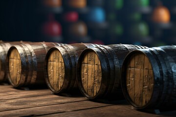 Beer barrels in a row. Generative AI