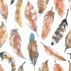 Watercolor hand drawn feathers seamless pattern, boho endless paper, repeat paper