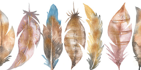 Watercolor hand drawn feathers seamless border, boho decor clipart, repeat frame border clip art