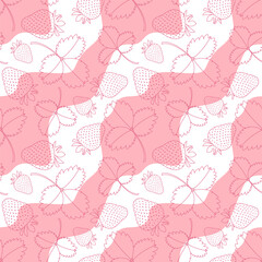 Silhouettes of strawberry fruits and leaves on a wavy pink and white background. Floral seamless pattern, print. Vector illustration