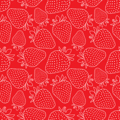 White silhouettes of strawberries on a bright red background. Floral seamless pattern, print. Vector illustration