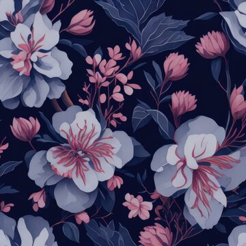 Sakura blossom leaf watercolor on the blue navy background theme pattern flat illustration for scarf production