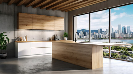 Fototapeta na wymiar Modern wood and concrete kitchen interior Generative AI