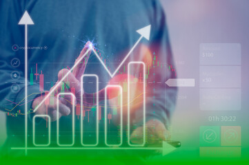 financial investment concept, businessman using smartphone  touching virtual trading graph buy and sell share in concept of investment business growth and marketing, cryptocurrency exchange platform