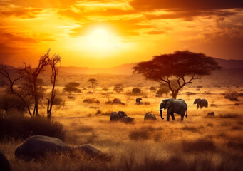 Fototapeta na wymiar Safari sunset with animals. Nature wildlife savannah landscape. Generative AI.