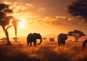 Fototapeta na wymiar Nature wildlife savannah landscape. Safari sunset with animals. Generative AI.