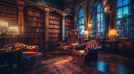 Fototapeta na wymiar Reading room in old library or house. Generative AI