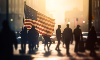USA patriotic stars and stripes flag. American flag on the street. Generative AI.