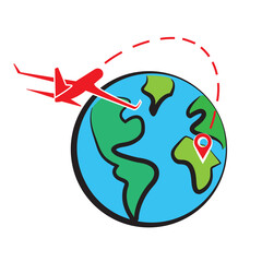 Globe web icon and location pin. Planet earth vector icon with pointer pin and plane. World traveling or GPS navigation concept. Vector illustration