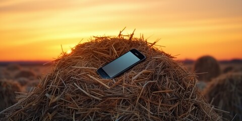 Lies on haystack in the sunset and holds the mobile phone , concept of Technology addiction, created with Generative AI technology - obrazy, fototapety, plakaty
