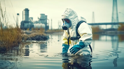 Person wearing white chemical protective mask and gather contaminated samples. Postproducted generative AI illustration.