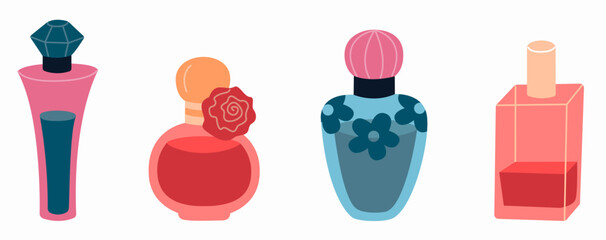Set of beautiful perfume bottles. Women's perfume with different scents.