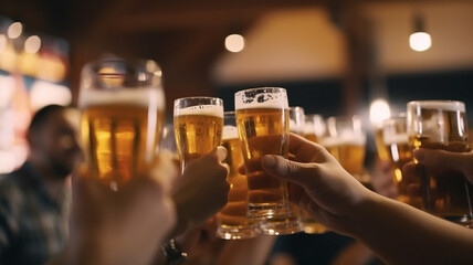 glass of beer in hand, group of happy friends drinking and toasting beer,  generative ai