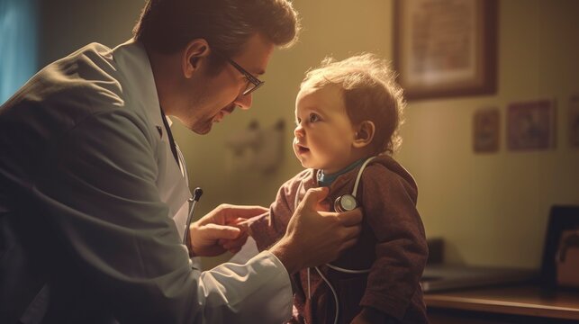Generative AI happy doctor or pediatrician with baby at clinic