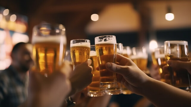 glass of beer in hand, group of happy friends drinking and toasting beer,  generative ai