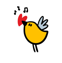 Doodle singing bird holding red heart in beak. Vector hand drawn picture of wild animal pet. - obrazy, fototapety, plakaty
