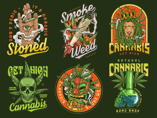 Smoking cannabis colorful set sticker - obrazy, fototapety, plakaty