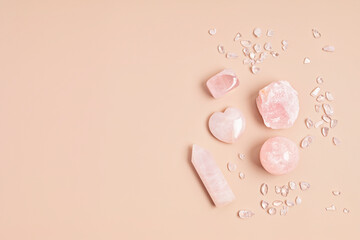 Healing reiki chakra crystals therapy. Alternative rituals with rose quartz for wellbeing,...