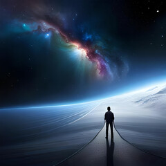 A man in space walking toward infinity 