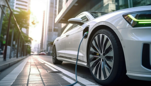 White electric car drive on road in urban city with EV home charger station building skyscraper cityscape view background. Transportation and sustainable energy concept. Generative AI