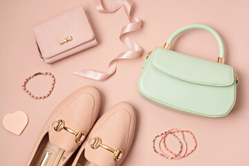 Flat lay with woman fashion accessories in pastel colors. Fashion blog, summer urban style, shopping and trends concept