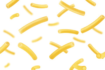 Falling raw Maccheroni, uncooked Italian Pasta, isolated on white background, selective focus