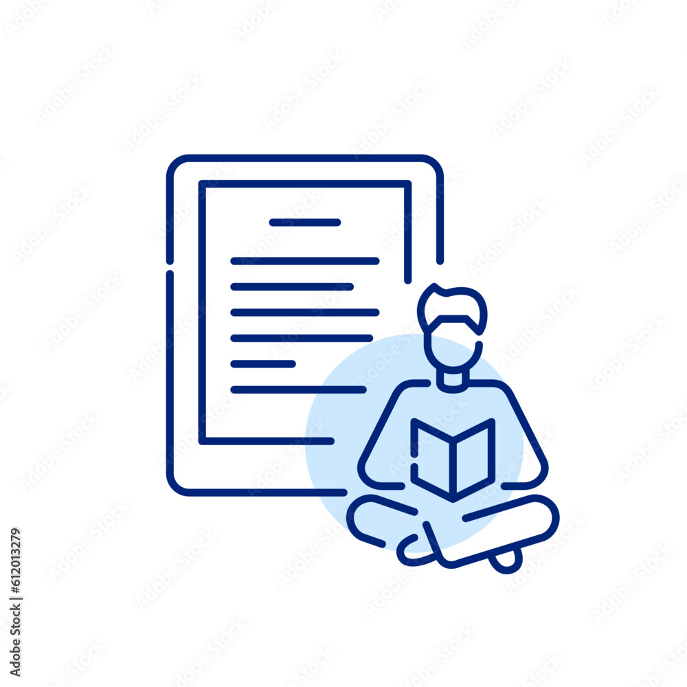 Poster reading e-books from a reader device. electronic library access from any place. man sitting comforta