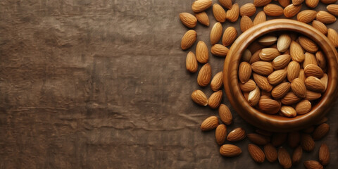 Obraz na płótnie Canvas Almond nut on bowl on black table, healthy food, Generative AI